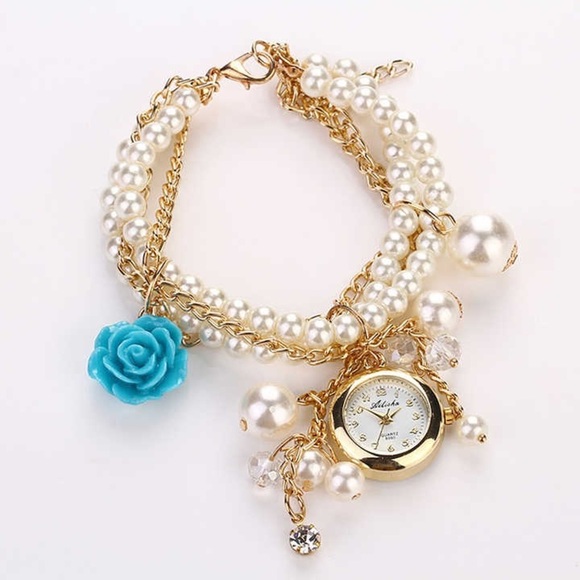 Ashiana Style Gold and Pearl Bracelet Watch with Blue Rose Charm - Picture 8 of 10